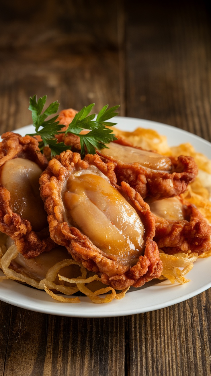 Crispy fried chicken livers served with fried onions and parsley on a rustic wooden plate.